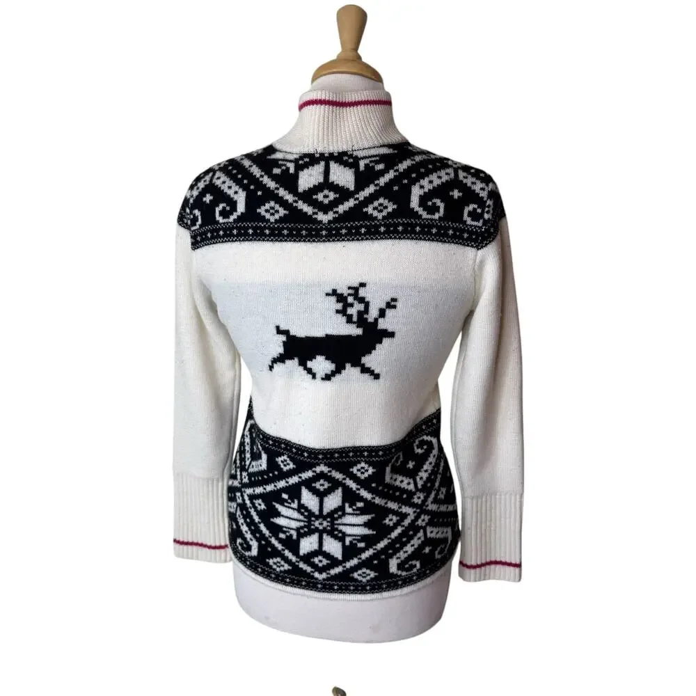 NEVE Ski Reindeer 100% Wool Full Zip Up Sweater Size Medium